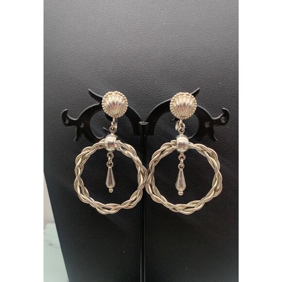 Vintage Silver Tone Twisted Hoop With Dangle Screw Back Modernist Earrings - Picture 2 of 5